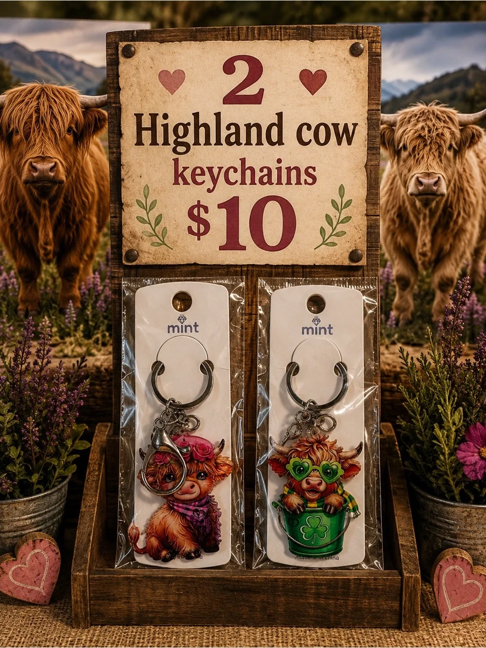Highland Cow Keychains - Set of 2 (Pink & Green)